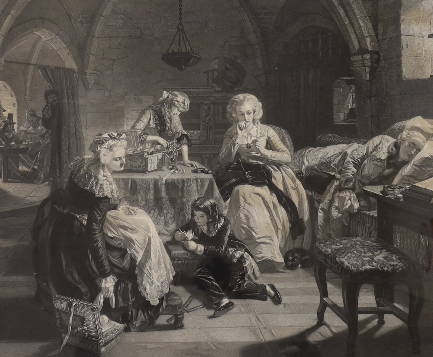 Couzens after Ward, mezzotint, 18th century romantic interior scene, 57 x 72cm and Burnet after Wilkie, engraving, 'Reading the news', 40 x 60cm